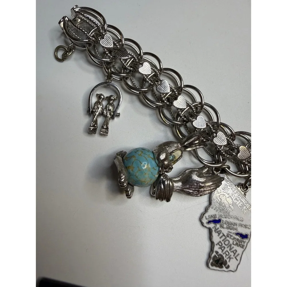 Monet Silver Tone Charm Bracelet Glacier National Park Horseshoe Dog Heart 7.5